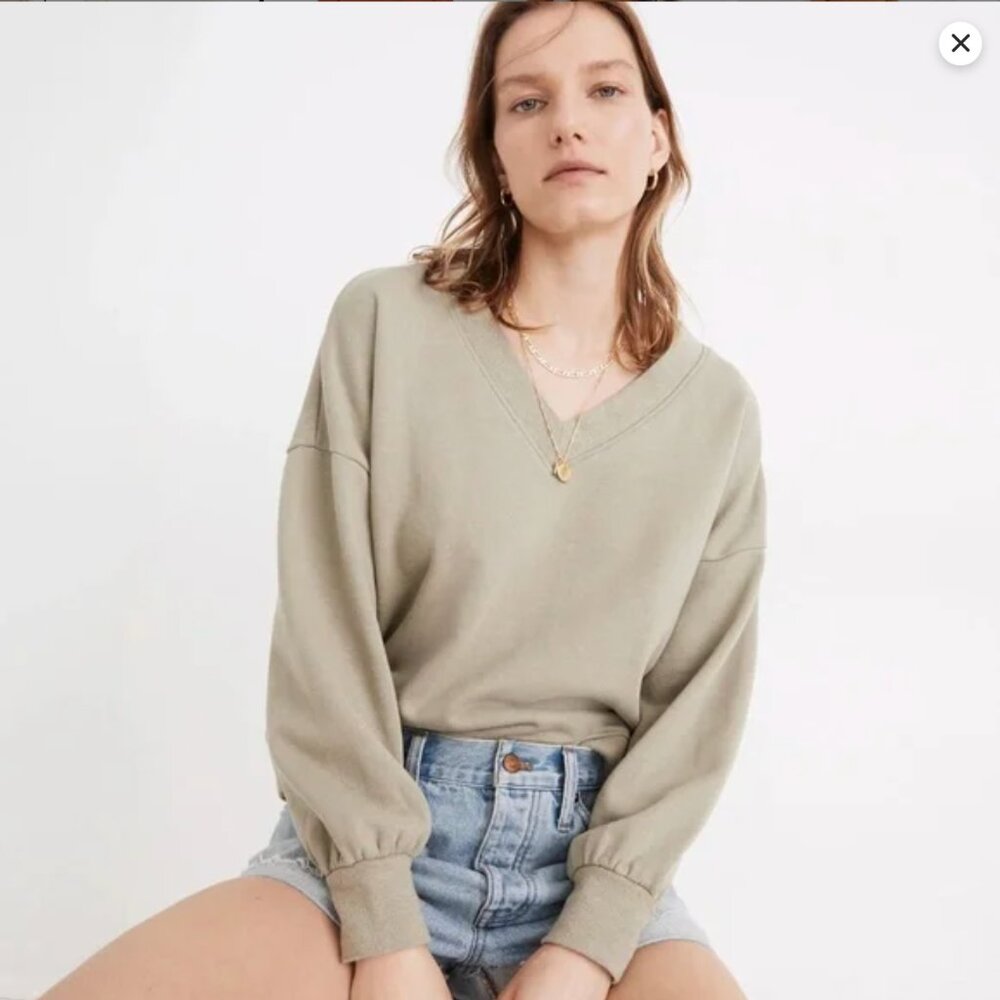 Cozy Madewell L Large V-neck Sweatshirt top Hemp Cotton Sage Green